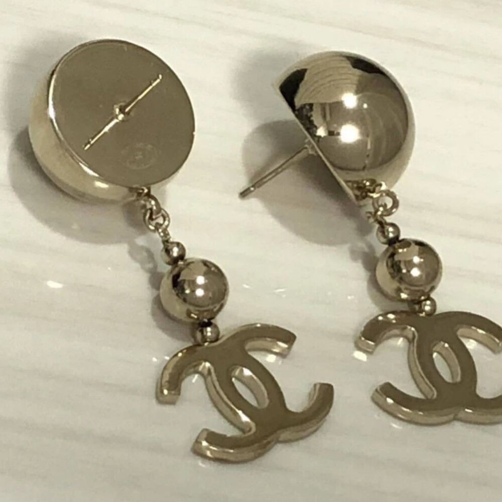 Chanel Cc Logos Ball Drop Dangle Stud Earrings Go… - image 6